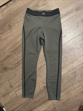 Olive Green Active Leggings with Black Stripe Detail